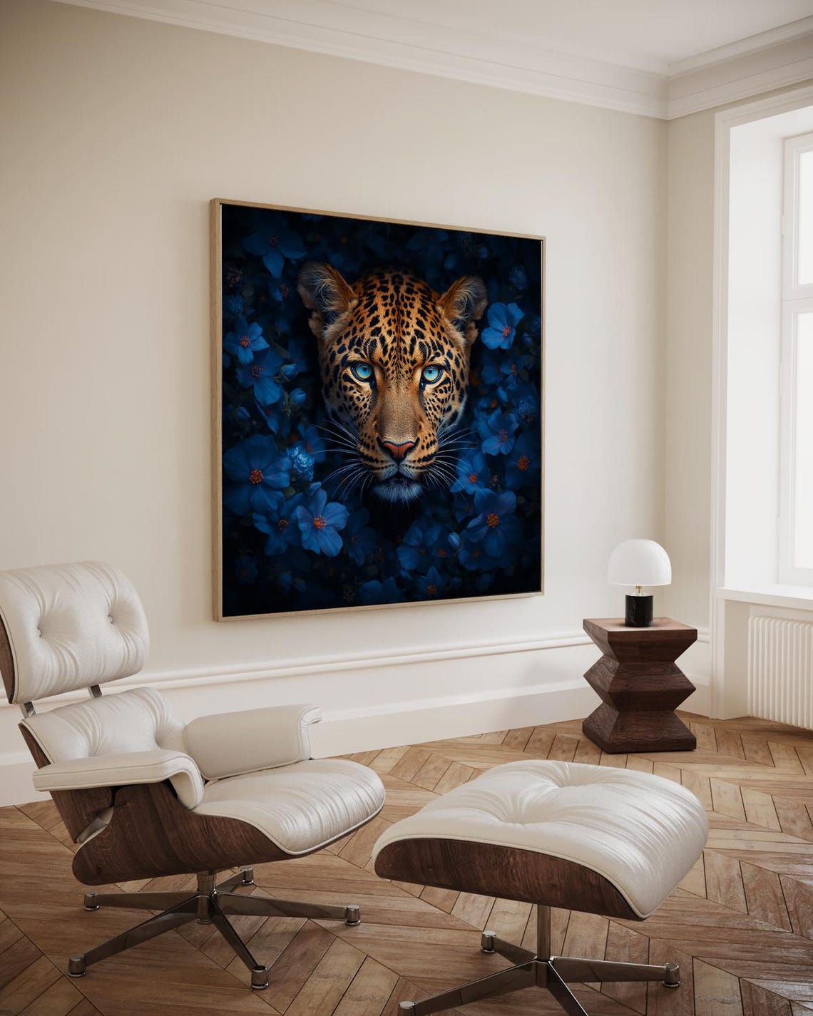 Sly Splendor Leopard Blue Flowers Dark Floral Wildlife Art Poster