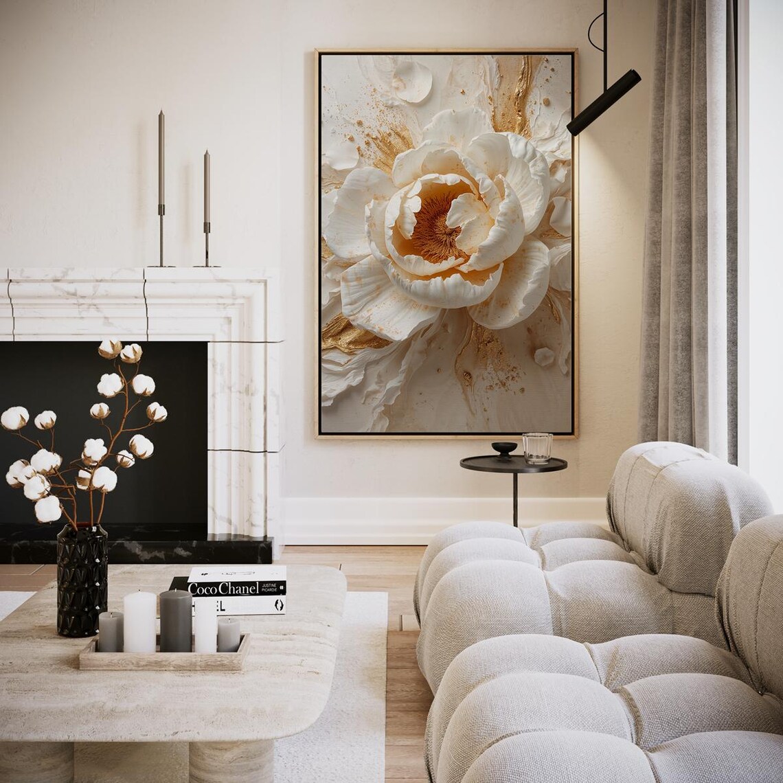 White Peony Blossom With Gold Accents Textured Floral Art Poster