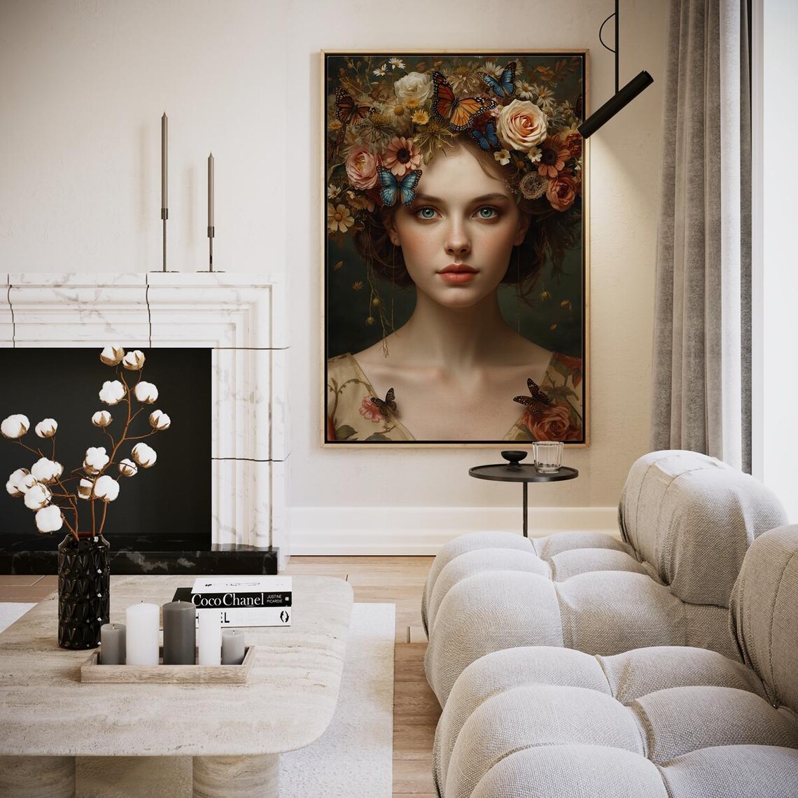 Woman with Flower Crown and Butterflies Romantic Portrait Wall Art