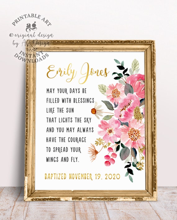 Personalized Baptism Gift Poster with Watercolor Flowers, Blessing for Girl
