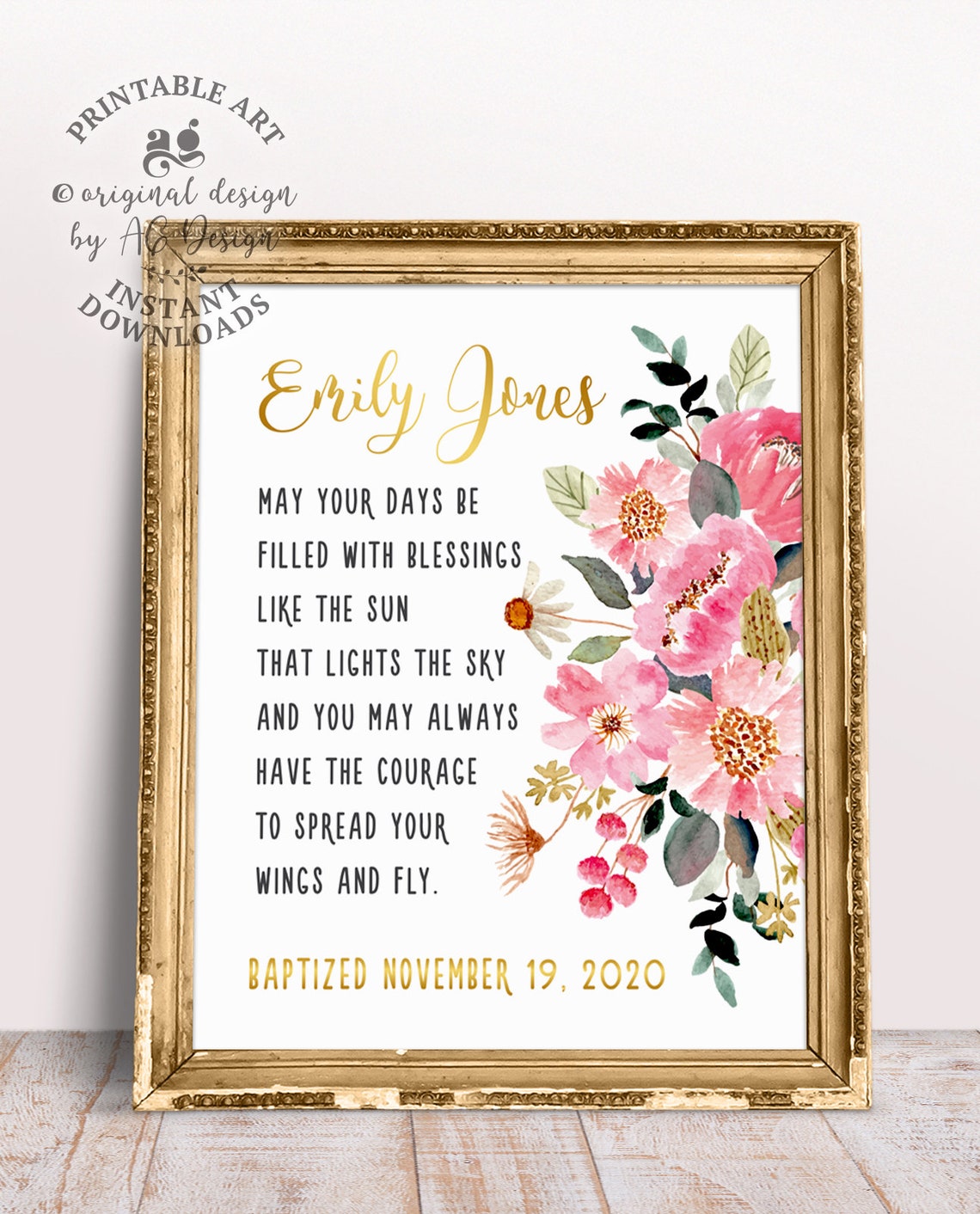 Personalized Baptism Gift Poster with Watercolor Flowers, Blessing for Girl