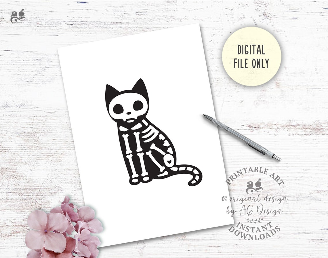 Cute Skeleton Black Cat Primitive Halloween Spooky Decor Poster - Image 2