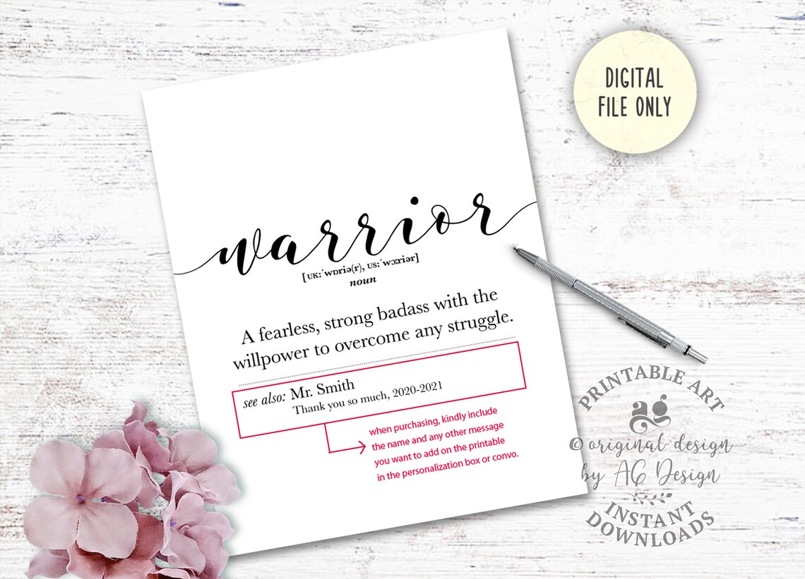 Warrior Definition Art Print, Personalized Courage Gift - Image 2