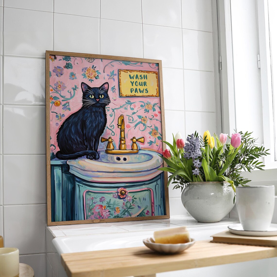 Wash Your Paws Funny Cat Bathroom Art Print