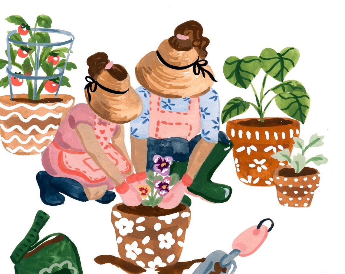 Mom And Daughter Gardening Watercolor Art Print - Image 3