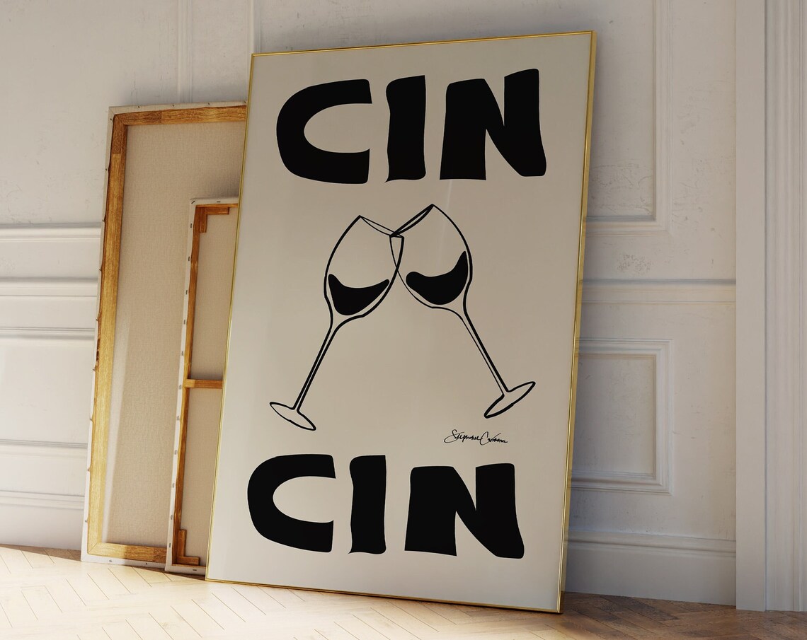 Cin Retro Wine Bar Cart Art Print, Vintage Cheers