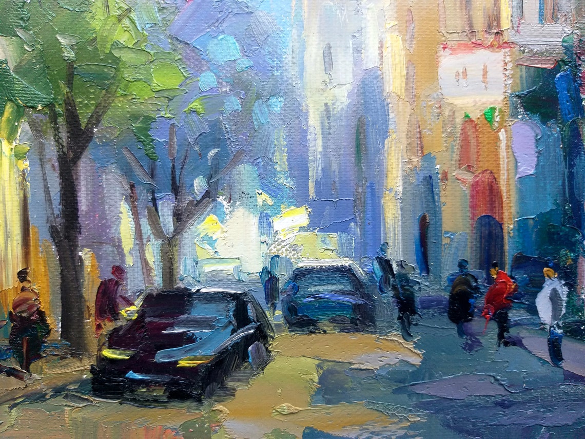 Sunny Tree Lined City Street Avenue Shops Cars Bright Urban Poster - Image 5