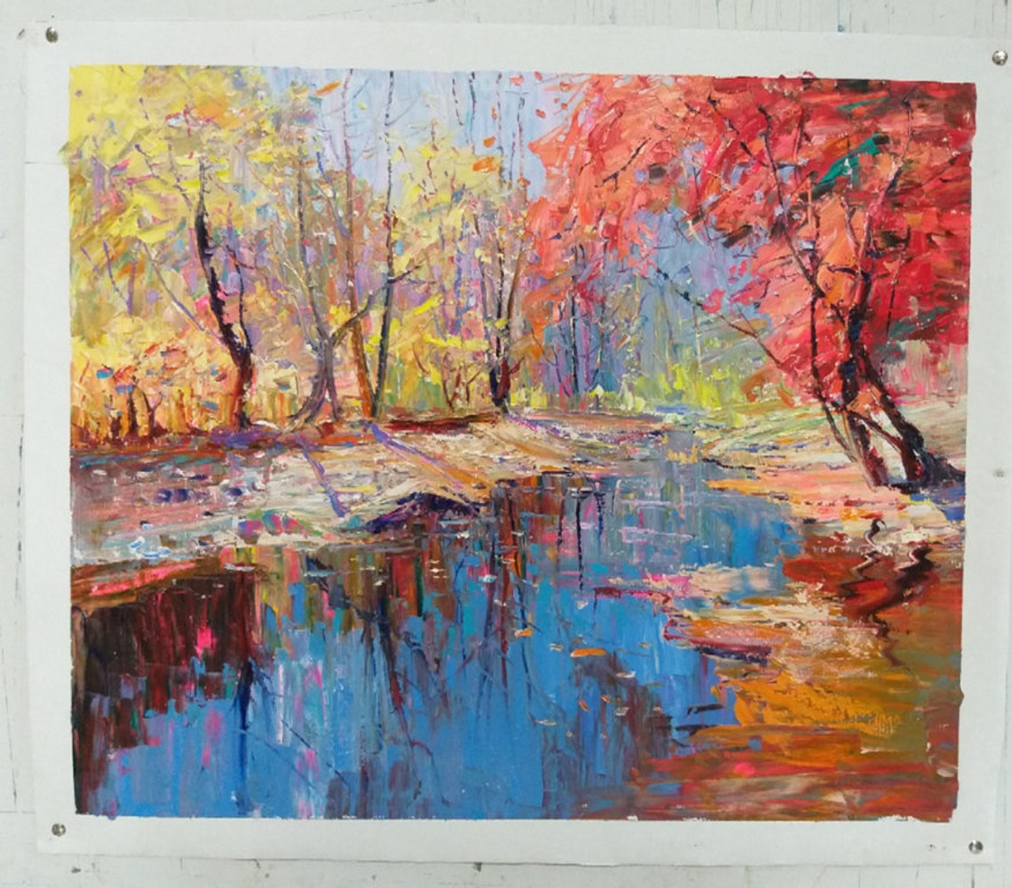 Autumn Forest River Fall Foliage Water Reflection Landscape Poster