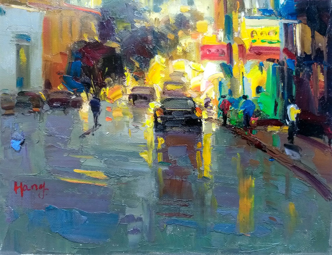 Neon Night Rainy City Street Wet Reflection Urban Scene Poster - Image 3