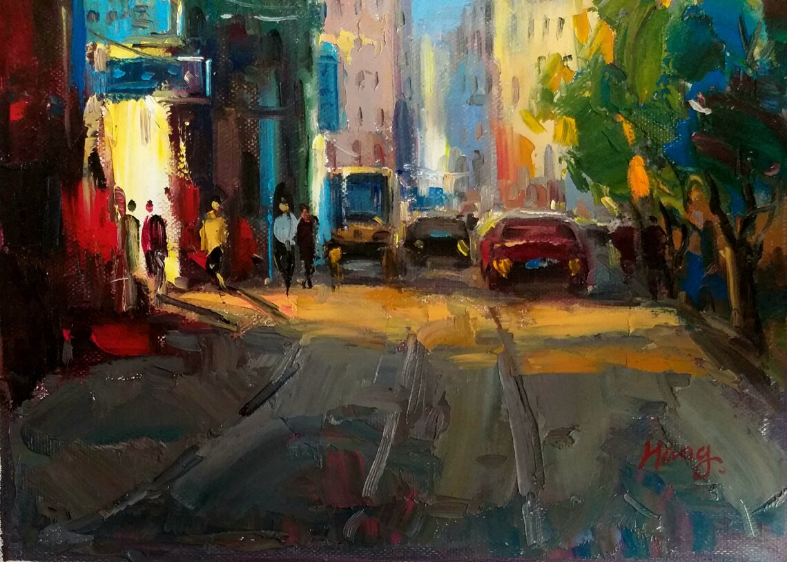 Colorful City Street Dusk Shops Cars Busy Evening Scene Poster - Image 3
