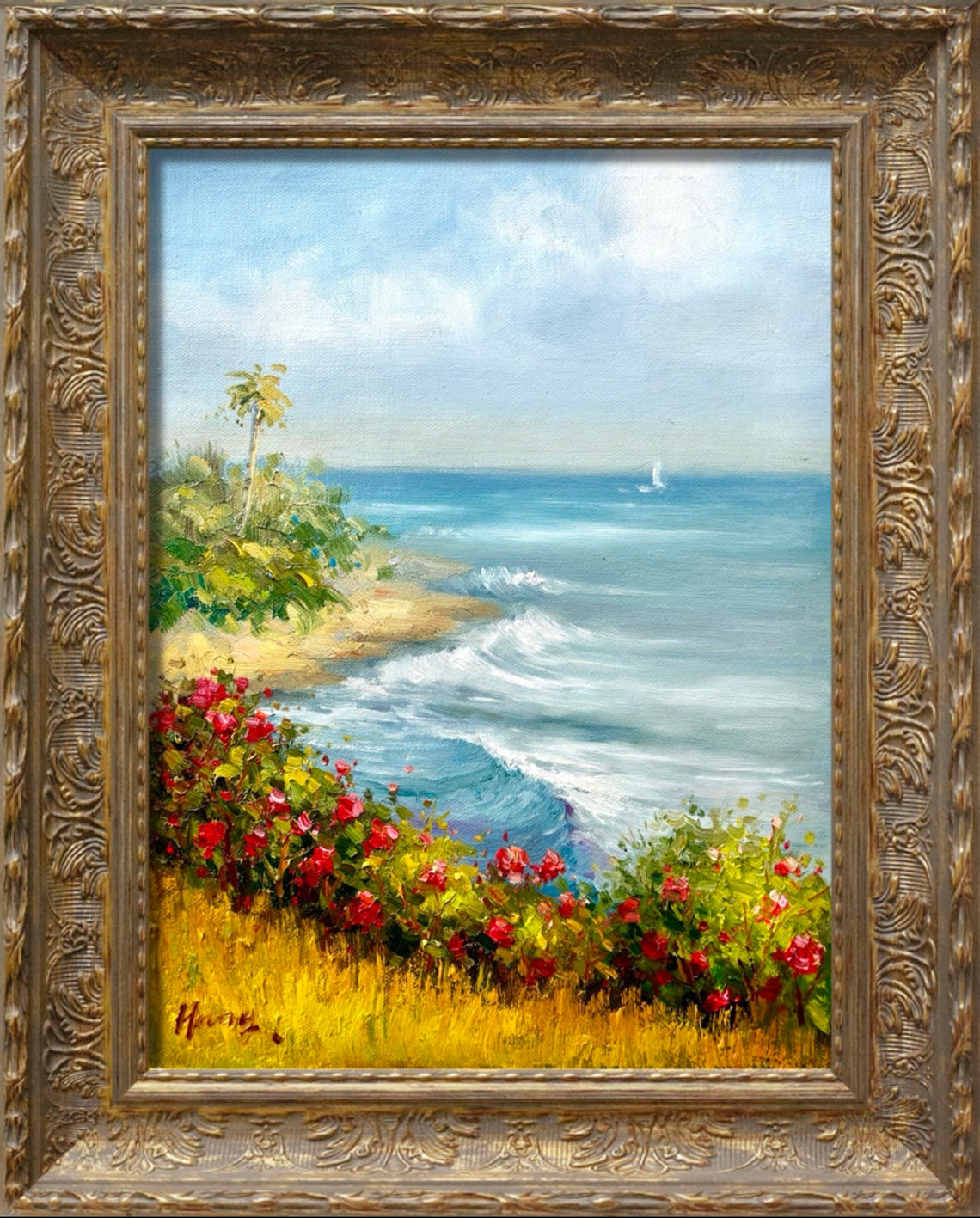 Tropical Coastline Red Flowers Sailboat Ocean View Oil Poster - Image 3