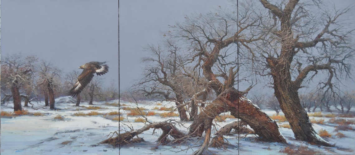 Eagle Flying Over Snowy Winter Forest Bare Trees Wildlife Art Print - Image 5