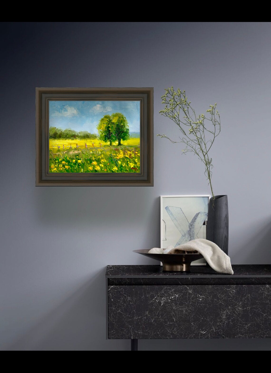 Sunny Meadow With Yellow Wildflowers Fence And Big Tree Poster - Image 2