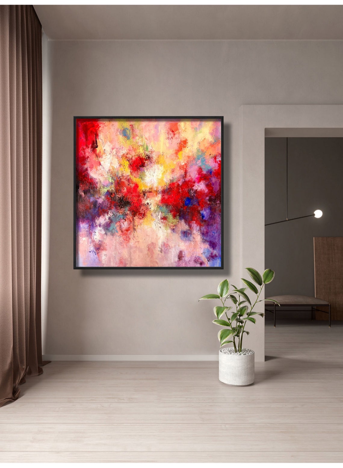 Fiery Red Pink Yellow Abstract Cloud Oil Painting Modern Print - Image 5