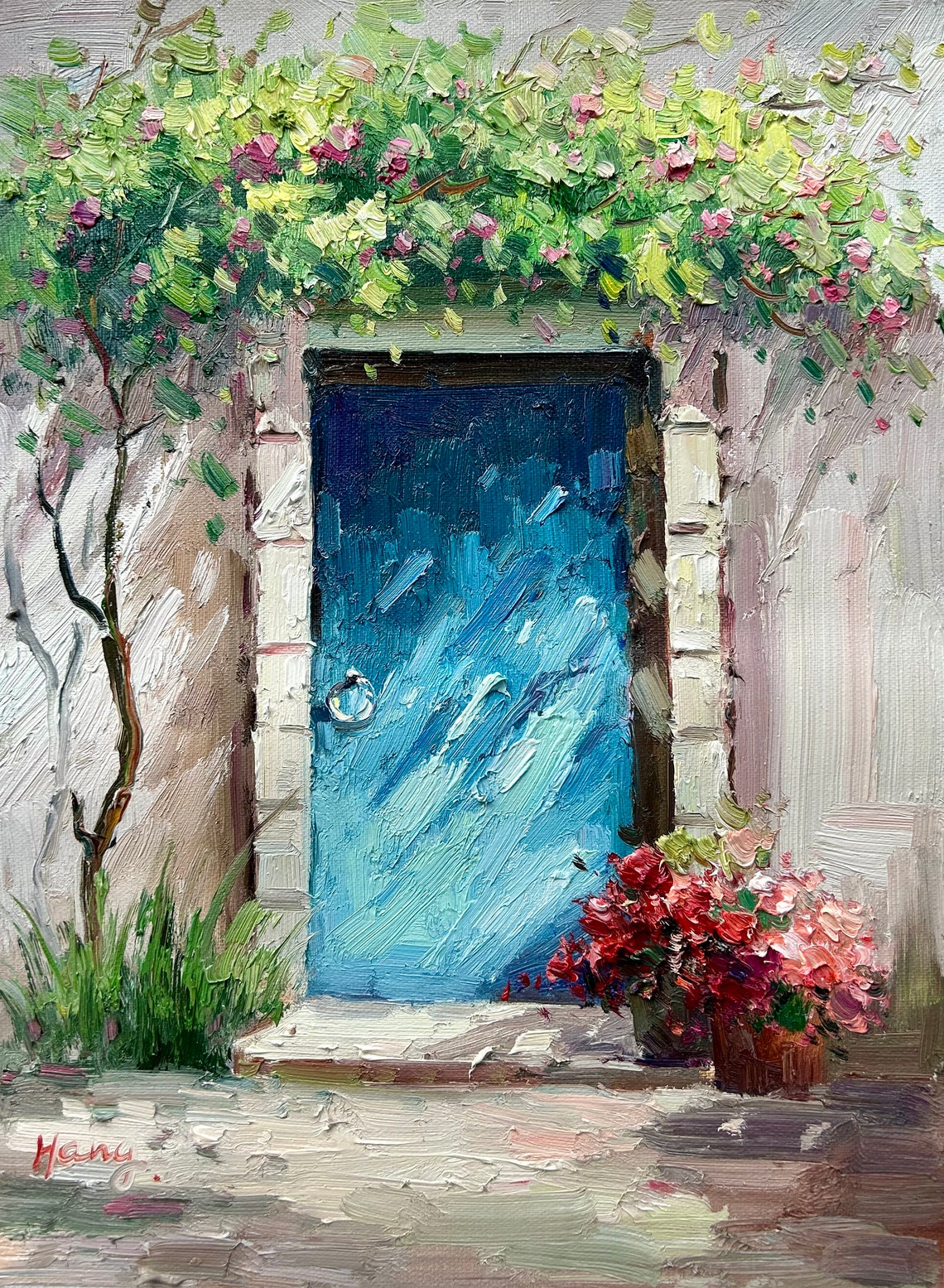Blue Mediterranean Door Blooming Vines Charming Entryway Print - Image 5