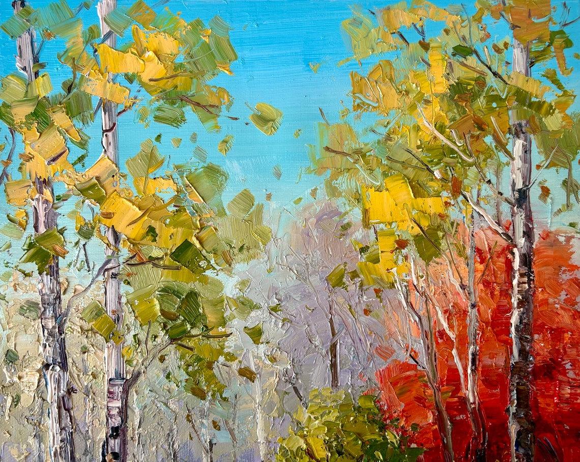Autumn Birch Forest Stream Golden Leaves Landscape Oil Poster - Image 5