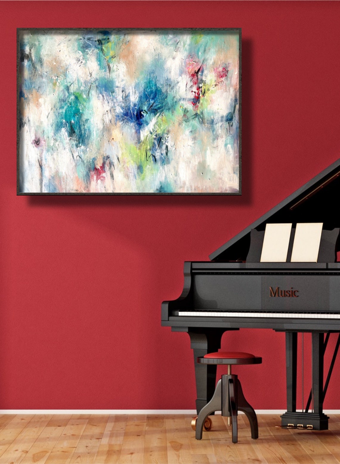 Ethereal White Teal Abstract Soft Red Accents Modern Art Print - Image 2