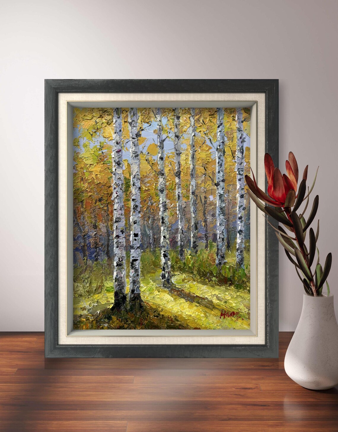 Golden Birch Grove Oil Painting Sunlit Path Autumn Woodland Poster - Image 4