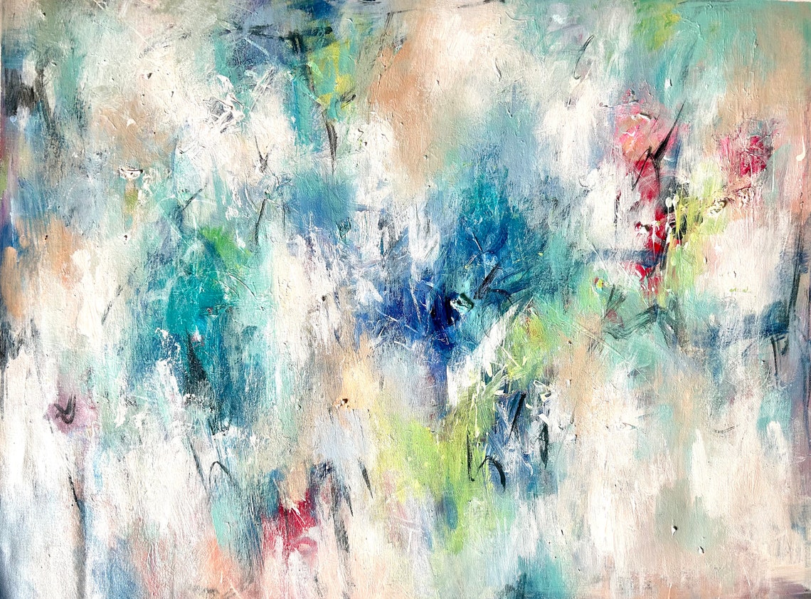 Ethereal White Teal Abstract Soft Red Accents Modern Art Print