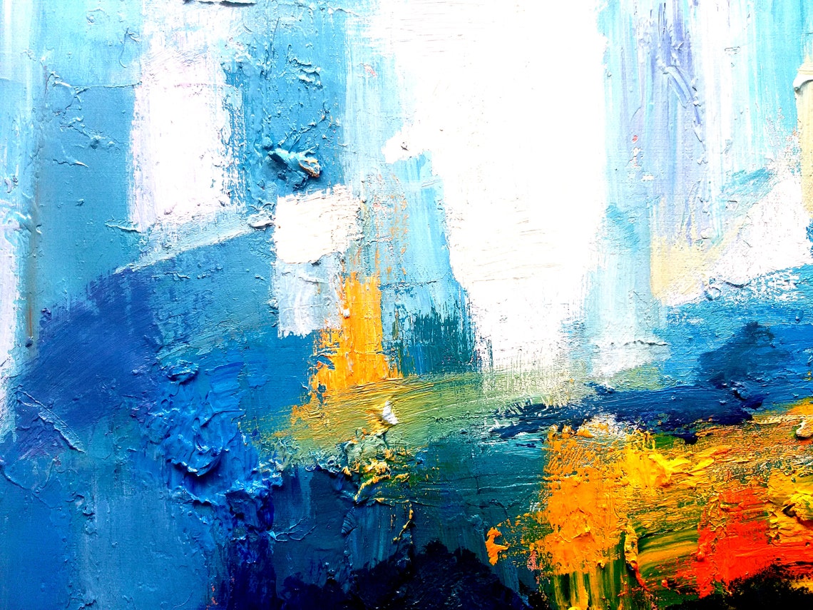 Blue Gold Abstract Palette Knife Impasto Texture Modern Art Print - Image 5