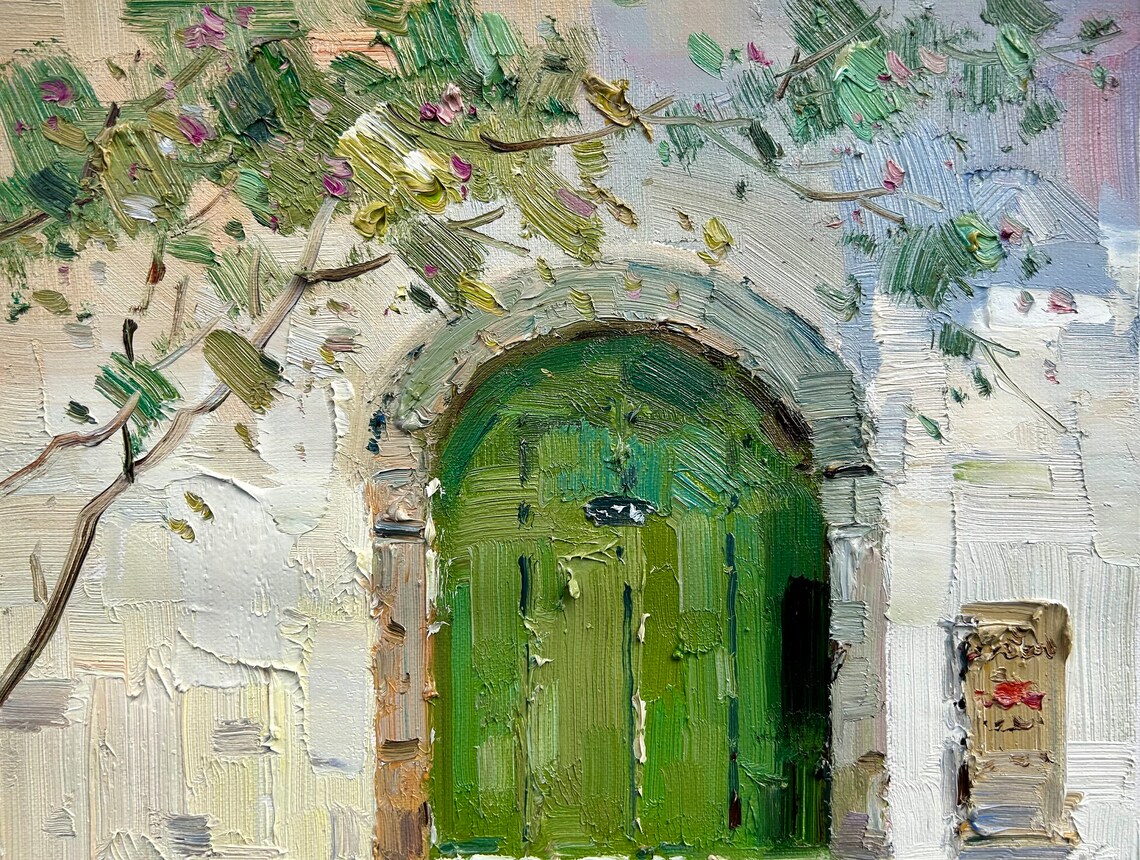 Green Arched Wooden Door Old White Wall Mediterranean Art Print - Image 4