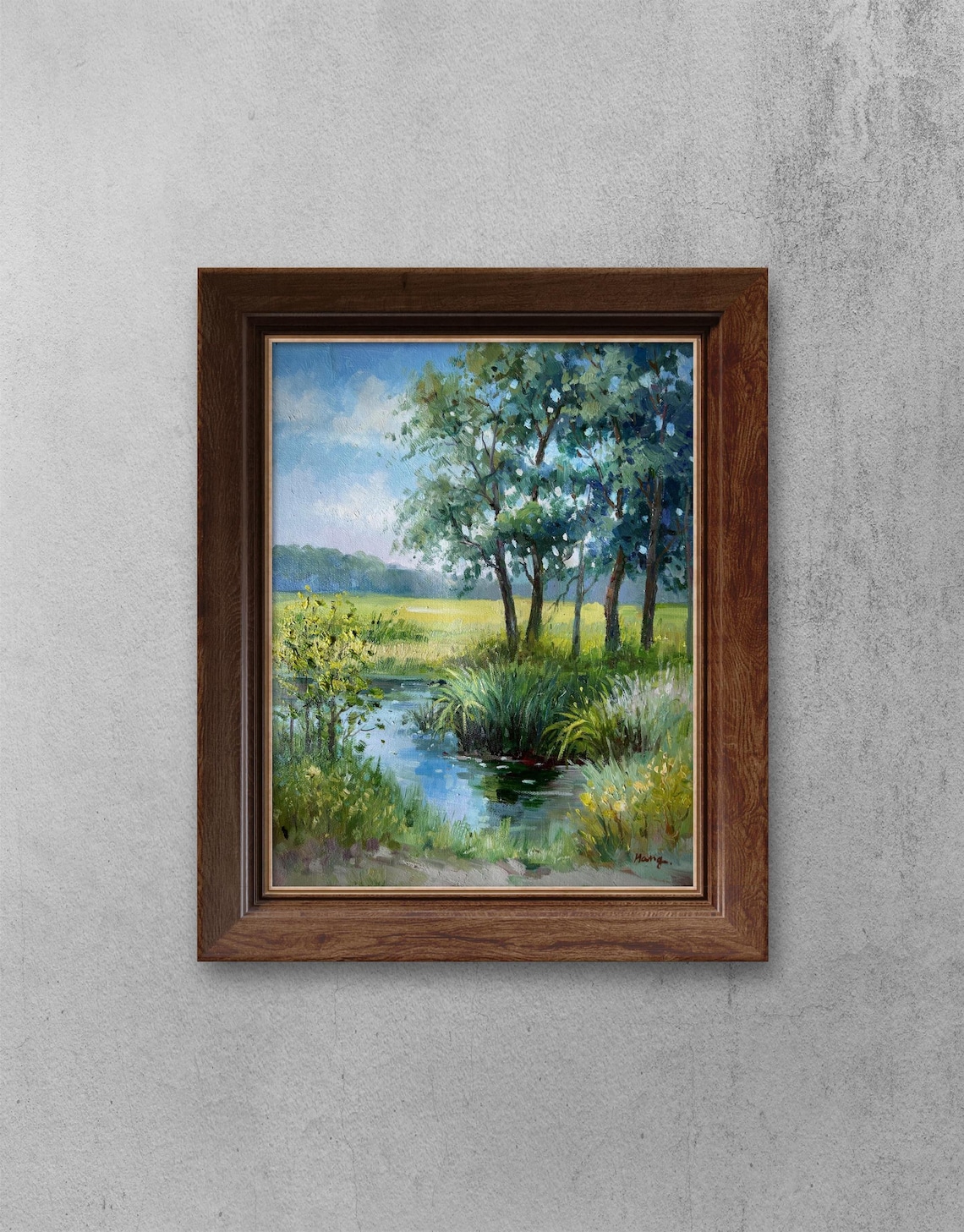Sunny Meadow Pond With Tall Green Trees Countryside Landscape Poster