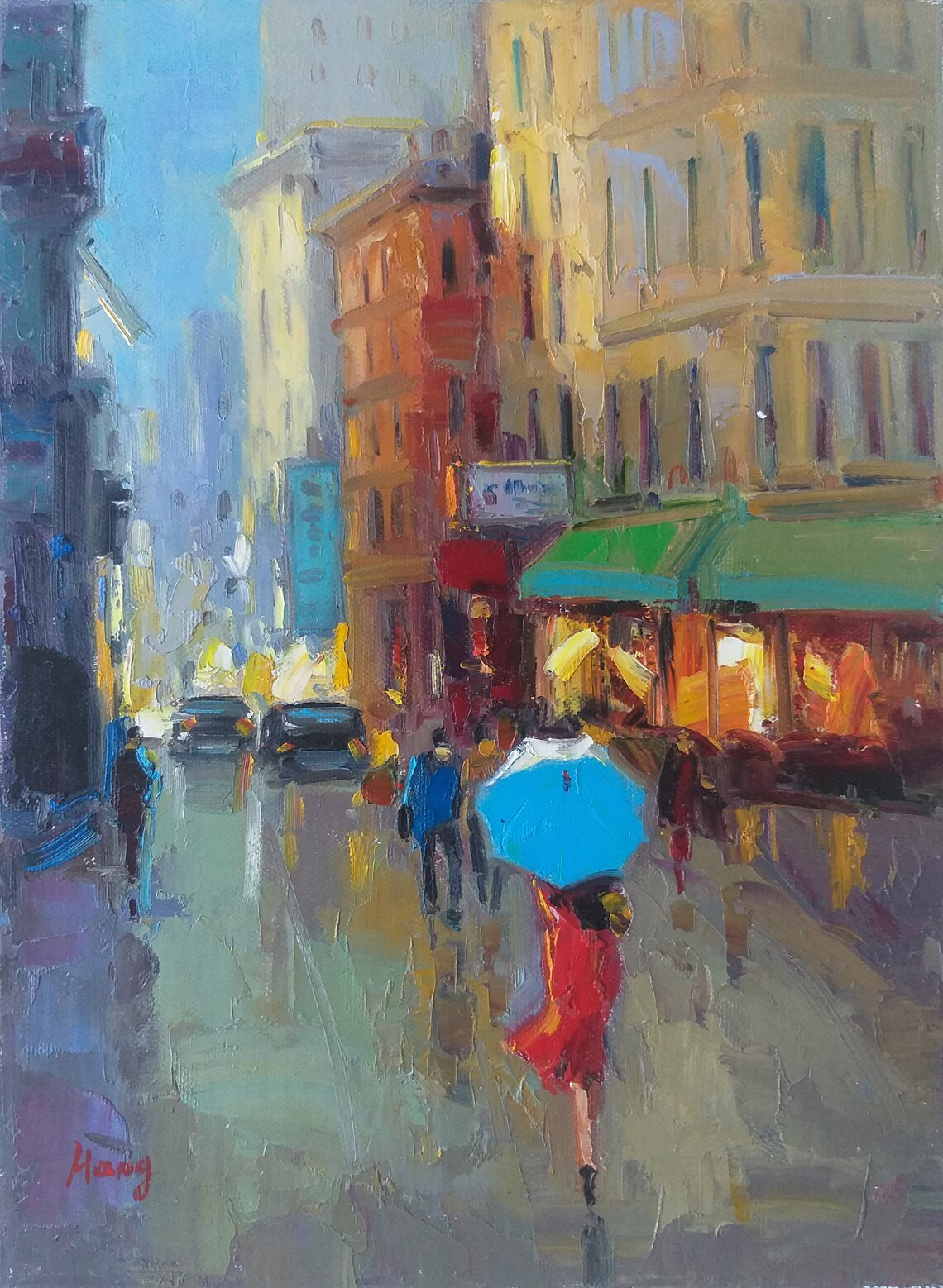 Red Dress Blue Umbrella Rainy Wet City Street Cafe Scene Poster