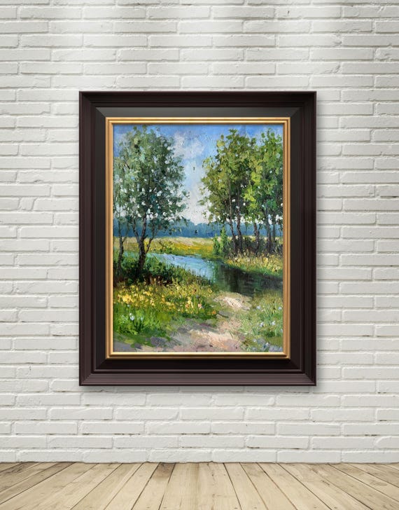Field Landscape Oil Painting With Pond Original Oil Painting Wall Art Natural Scenery On Home Decoration Painting