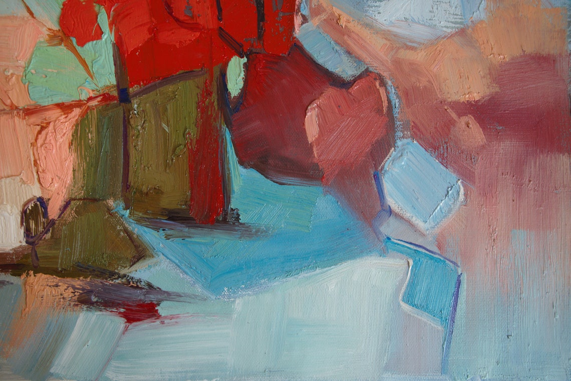Framed Red Green Pastel Abstract Modern Oil Painting Art Print - Image 2