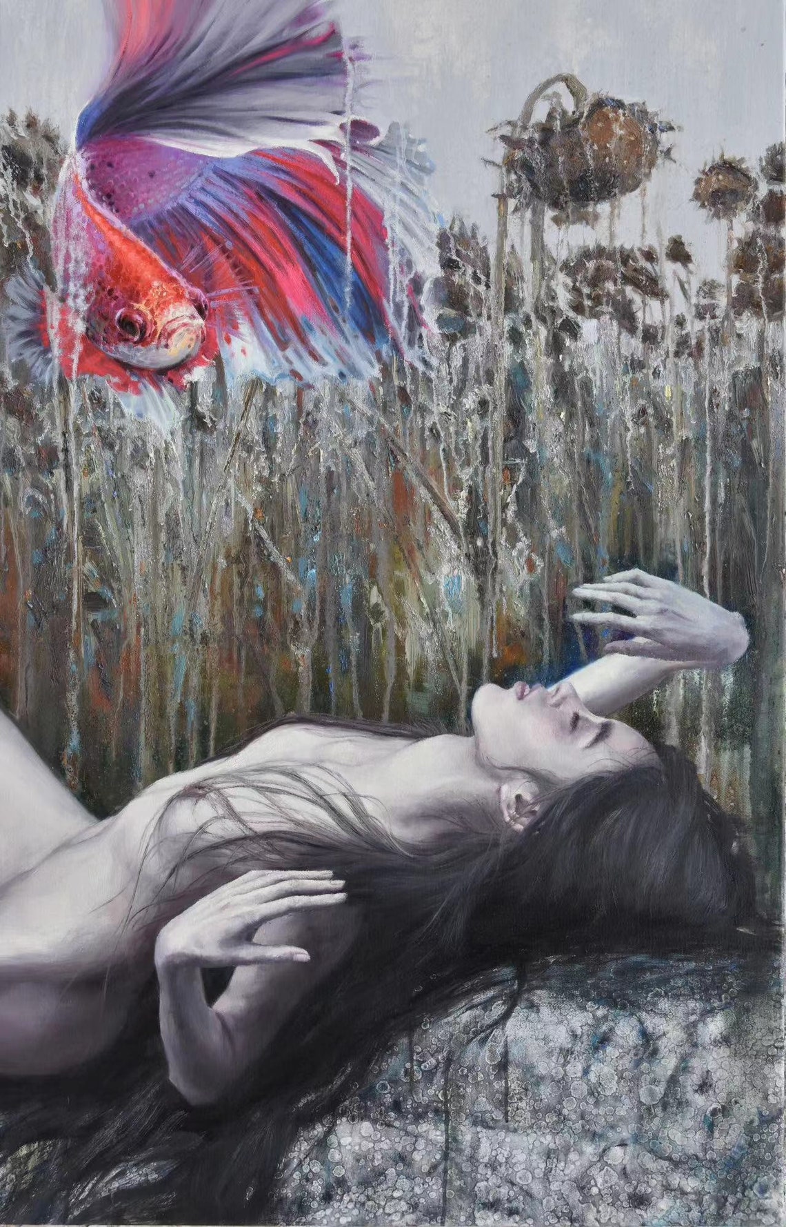 Reclining Nude With Colorful Fish Among Sunflowers Dreamy Art Print - Image 5
