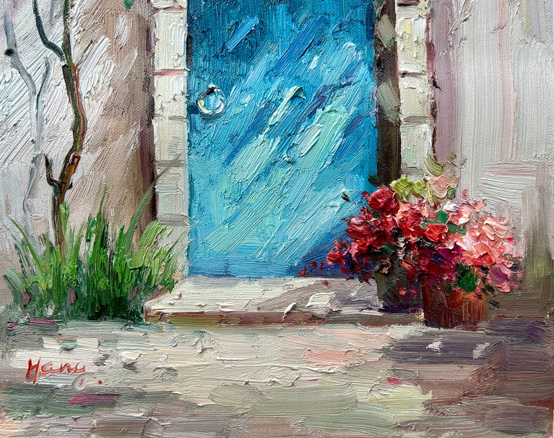 Blue Mediterranean Door Blooming Vines Charming Entryway Print - Image 3