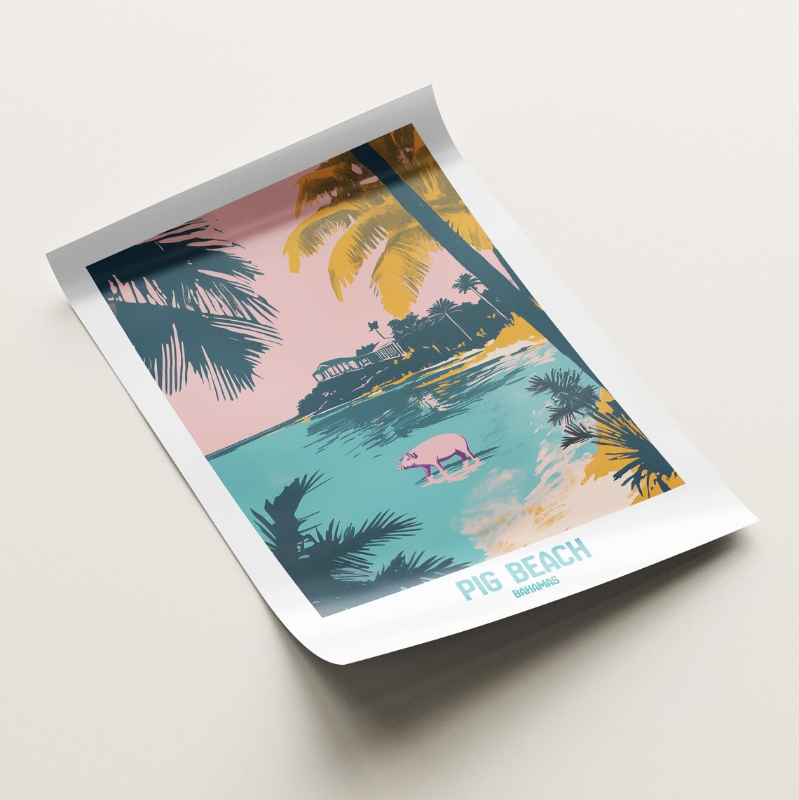 Pig Beach Bahamas Swimming Pig Tropical Island Scene Artwork Poster - Image 2