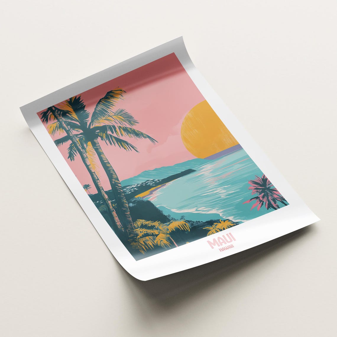 Maui Hawaii Pink Sunset Over Palm Trees Tropical Coast Vintage Poster - Image 2