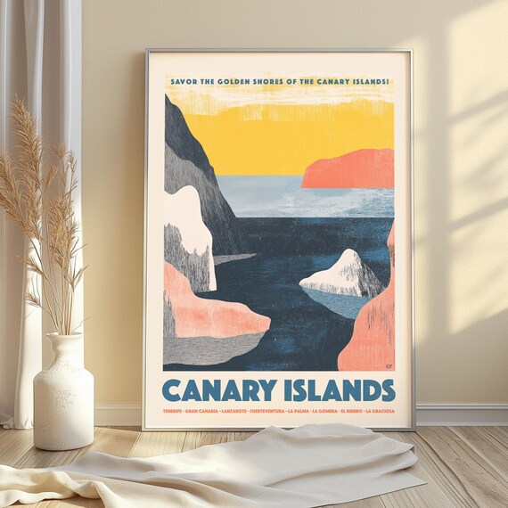 Canary Islands Travel Poster Vintage Coastal Wall Art Retro Tenerife Print Scenic Spanish Island Decor