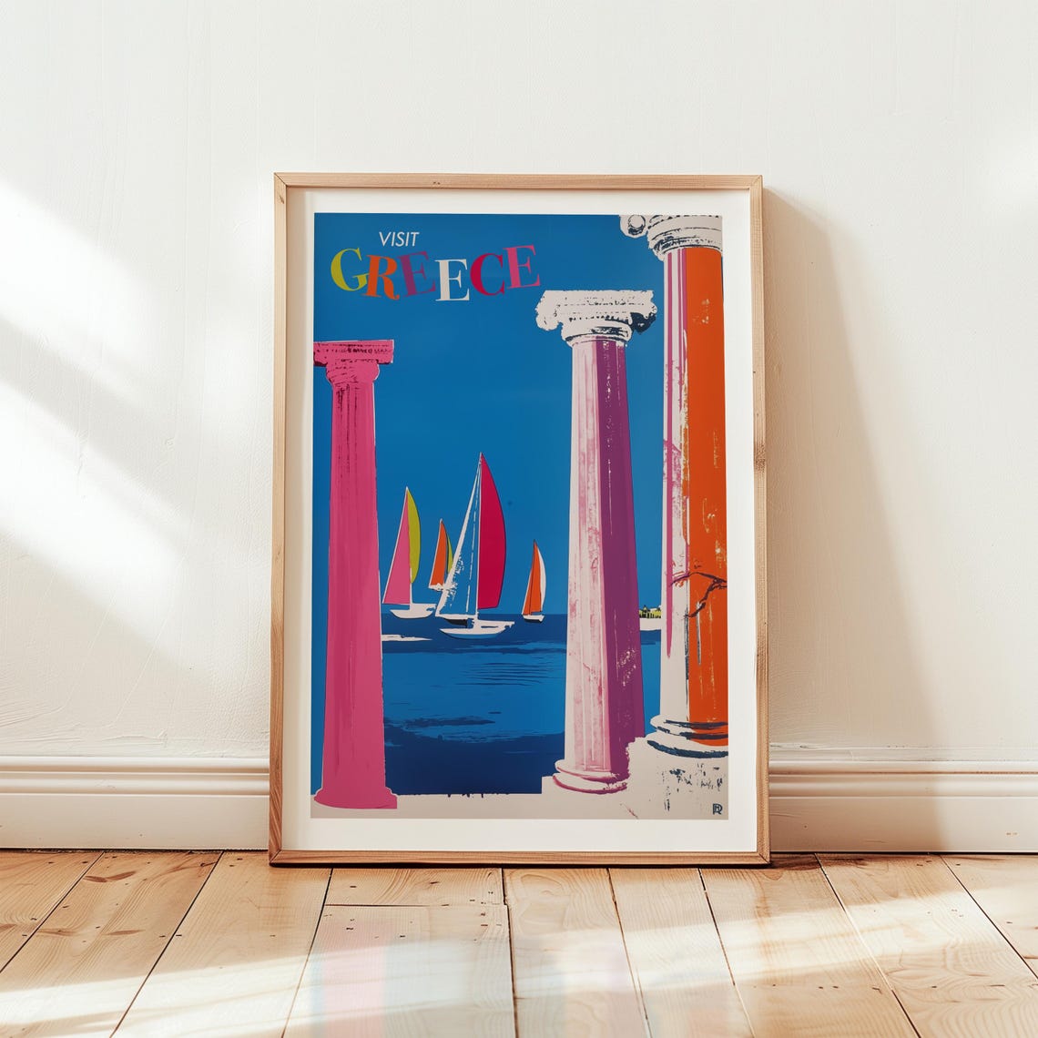 Visit Greece Pop Art Ancient Columns Sailboats Aegean Travel Poster