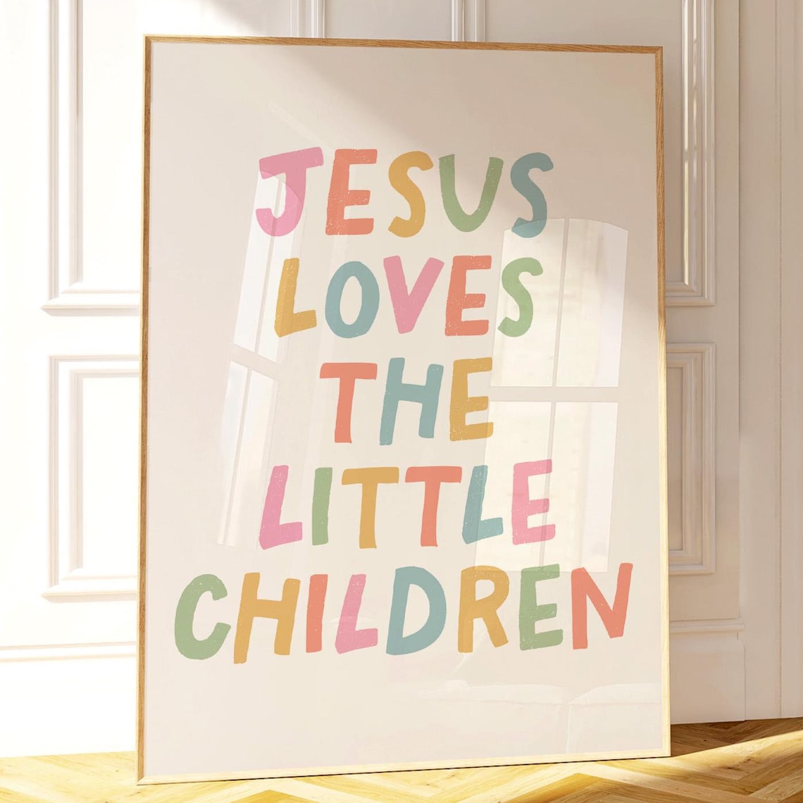 Jesus Loves The Little Children Pastel Rainbow Hand Painted Wall Print - Image 2
