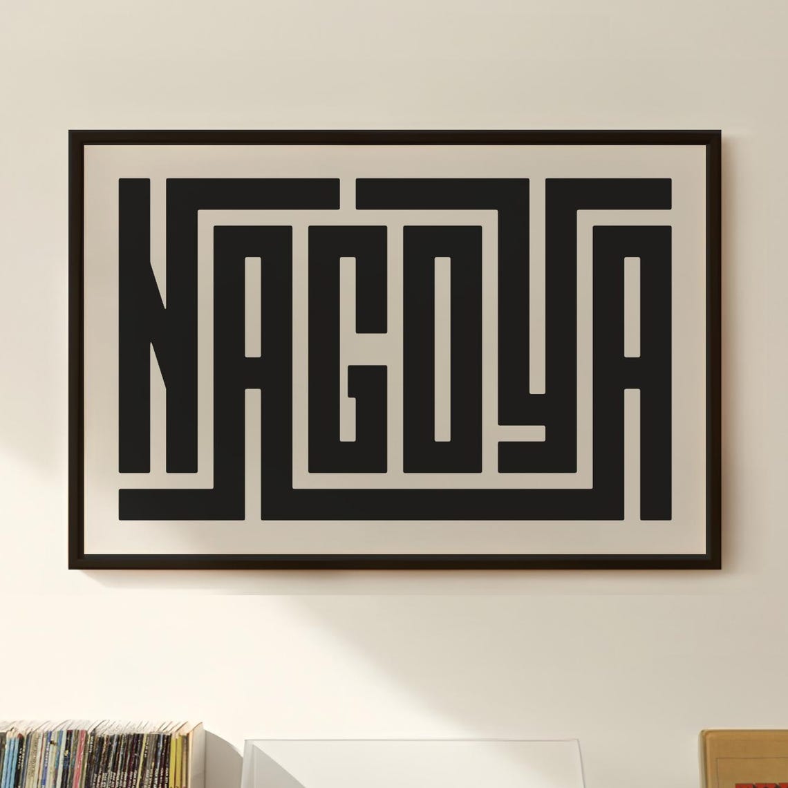 Striking Bold Nagoya Typography Minimalist Black and Cream Wall Art