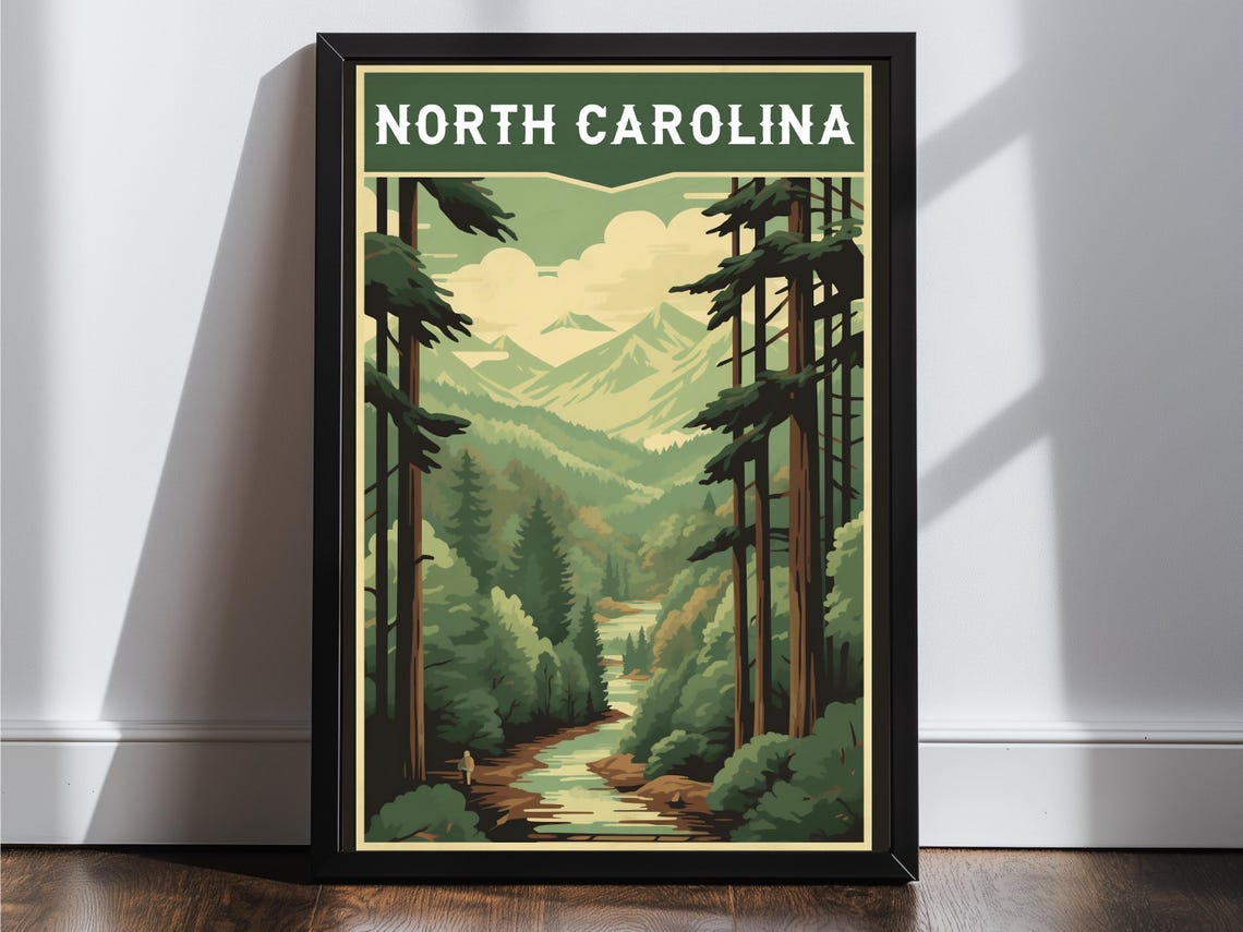 North Carolina Forest Stream Misty Mountains Retro Travel Poster