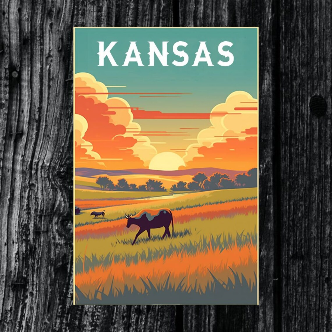 Kansas Prairie Bison Sunset Grassland Vintage Travel Art Poster