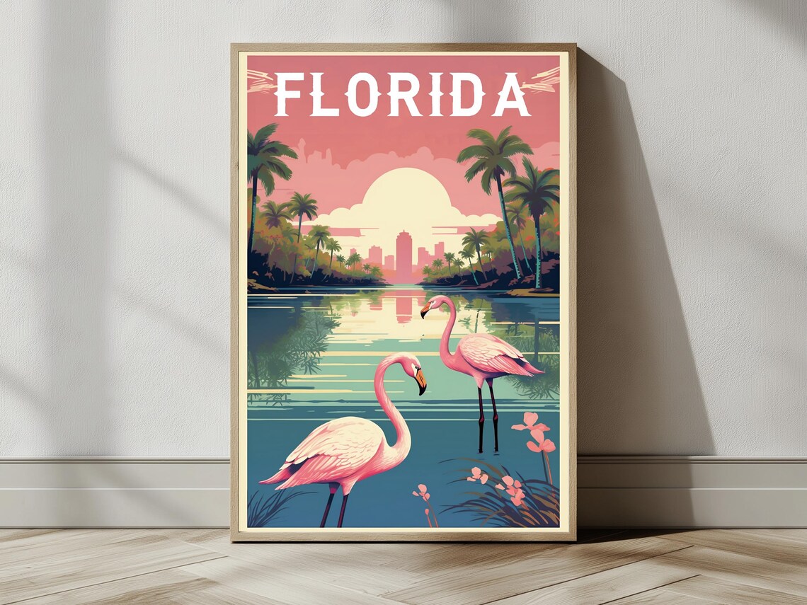 Florida Flamingos Miami Skyline Sunset Vintage Travel Poster - Image 2