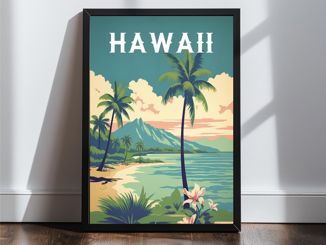 Hawaii Palm Beach Mountain Tropical Flowers Vintage Travel Poster