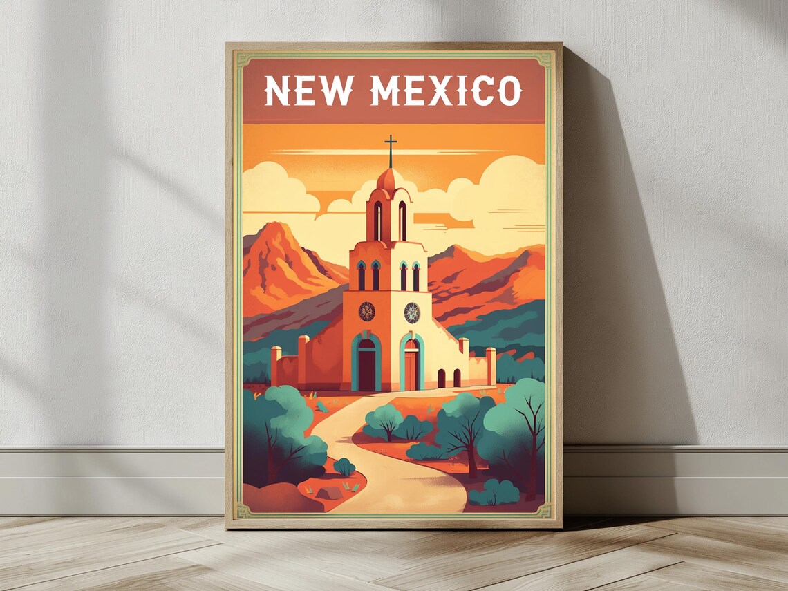 New Mexico Desert Mission Church Sunset Vintage Travel Poster - Image 2