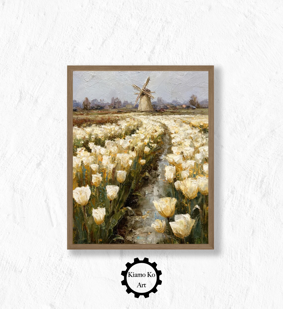Traditional Dutch Windmill Rising Above A Field Of White Tulips Poster