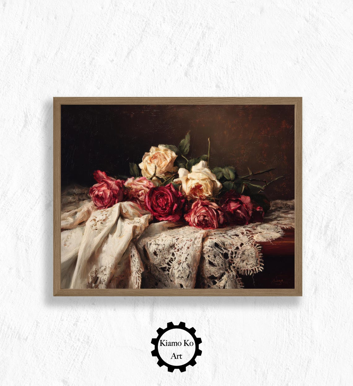 Red and Cream Roses on a Lace Tablecloth Vintage Still Life Wall Art