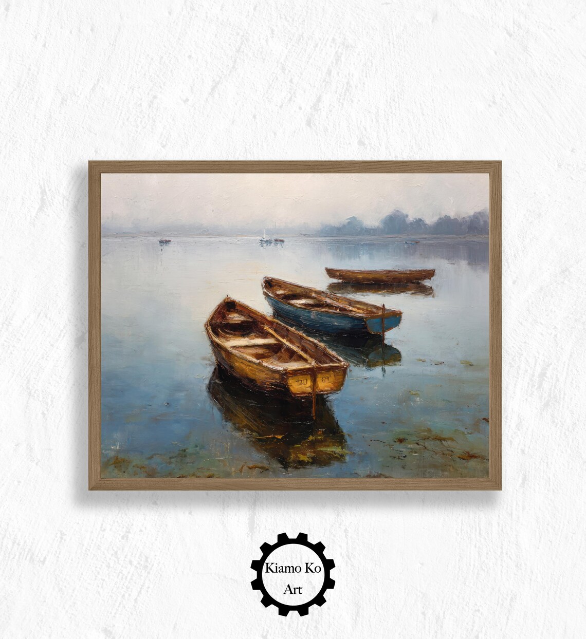 Wooden Rowboats On Misty Calm Water Vintage Nautical Art Poster