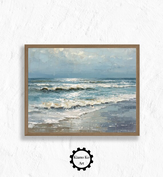 Rolling Ocean Waves Muted Blue Oil Painting Seascape Art Poster