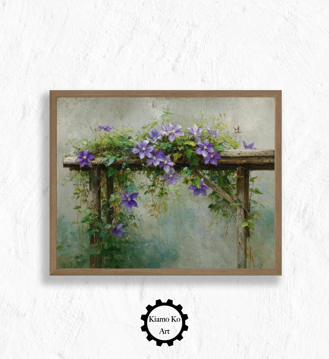 Purple Clematis Flowers Climbing a Rustic Wooden Fence Wall Art