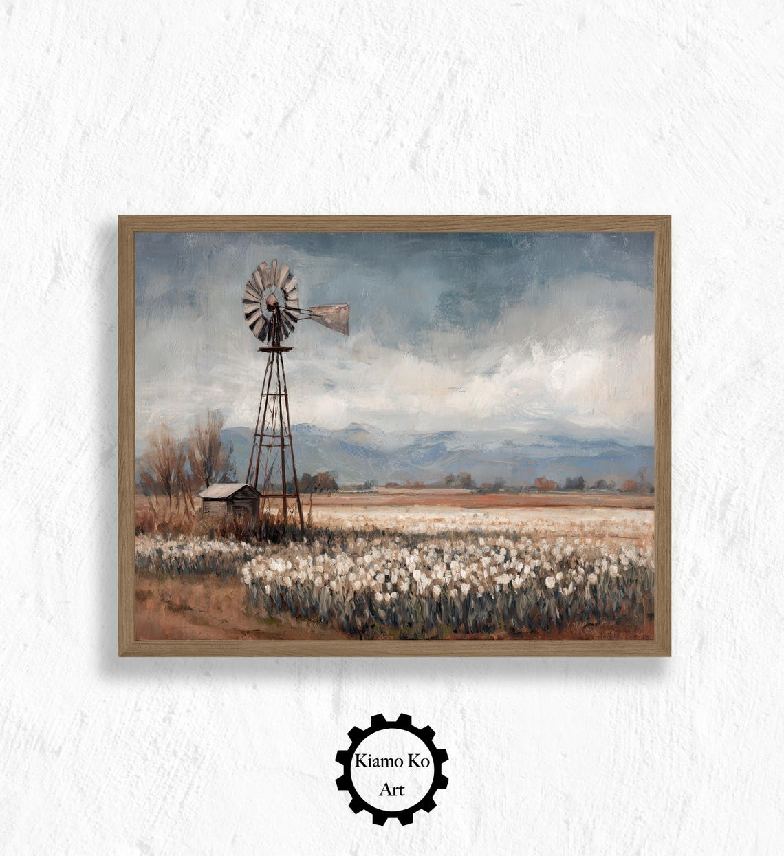 Farm Windmill Standing In A Flower Field Under Cloudy Skies Poster