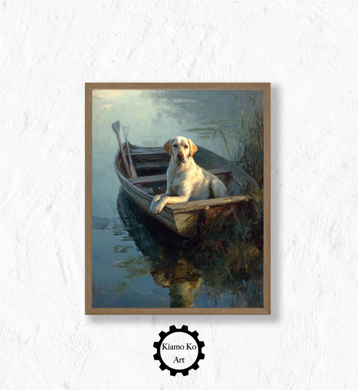 Golden Retriever Sitting in a Rowboat on a Peaceful Lake Poster