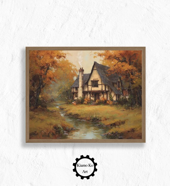 Tudor Cottage by a Stream in Autumn with Golden Foliage Poster